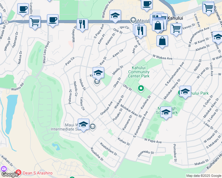 map of restaurants, bars, coffee shops, grocery stores, and more near 300 Ohaa Street in Kahului