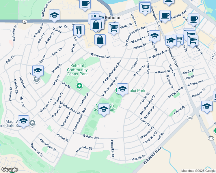 map of restaurants, bars, coffee shops, grocery stores, and more near 392 Molokai Hema Street in Kahului