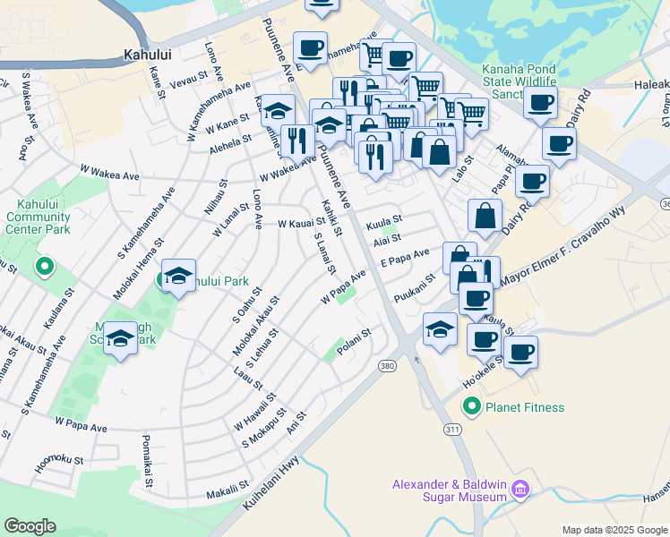 map of restaurants, bars, coffee shops, grocery stores, and more near 433 South Lanai Street in Kahului