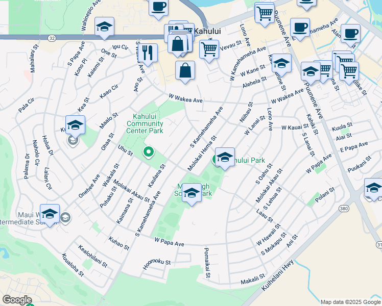 map of restaurants, bars, coffee shops, grocery stores, and more near 439 South Kamehameha Avenue in Kahului