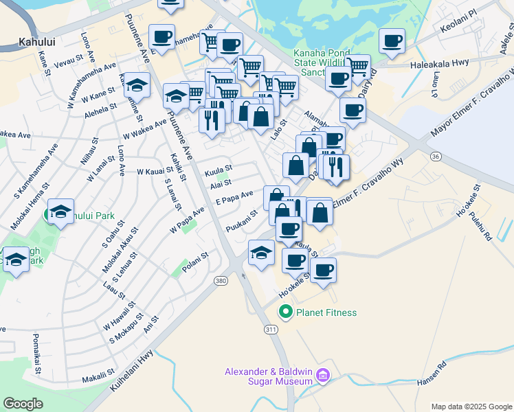 map of restaurants, bars, coffee shops, grocery stores, and more near 52 Leipapa Place in Kahului