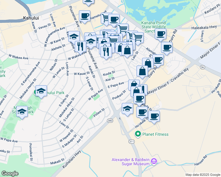 map of restaurants, bars, coffee shops, grocery stores, and more near 24 East Papa Avenue in Kahului