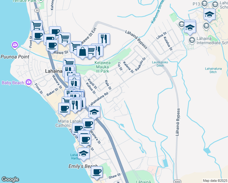 map of restaurants, bars, coffee shops, grocery stores, and more near 442 Lahainaluna Road in Lahaina