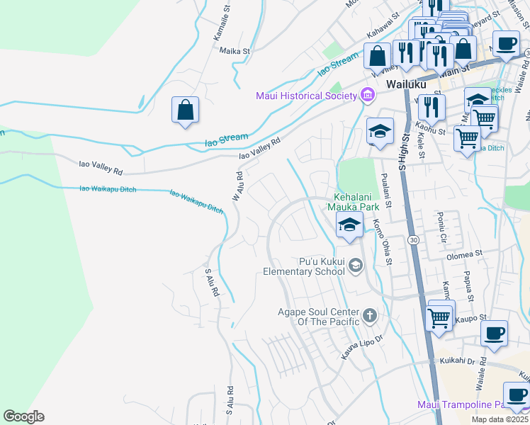 map of restaurants, bars, coffee shops, grocery stores, and more near 256 Kili'o'opu Street in Wailuku