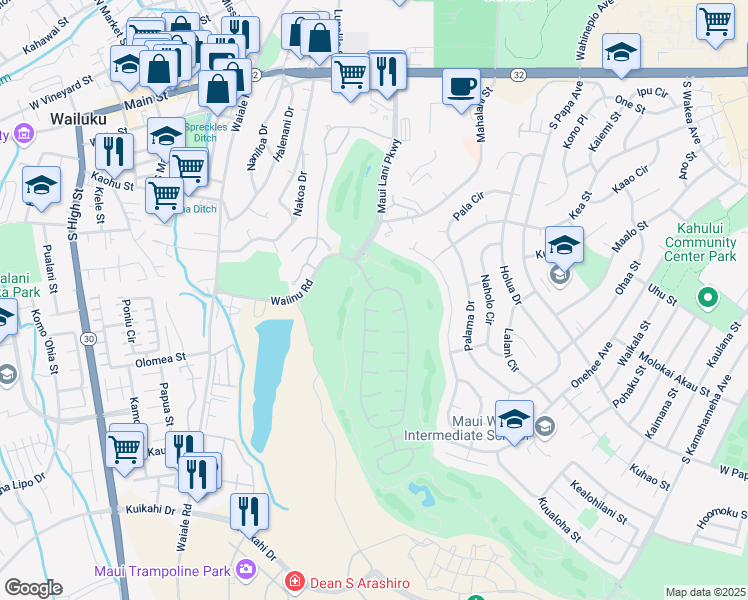 map of restaurants, bars, coffee shops, grocery stores, and more near 10 Kamalei Circle in Kahului