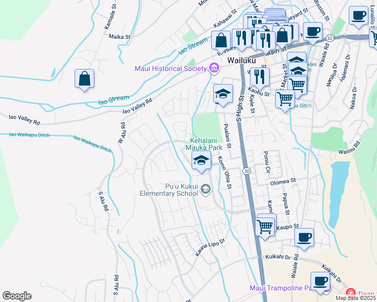 map of restaurants, bars, coffee shops, grocery stores, and more near 214 Hooulu Lane in Wailuku