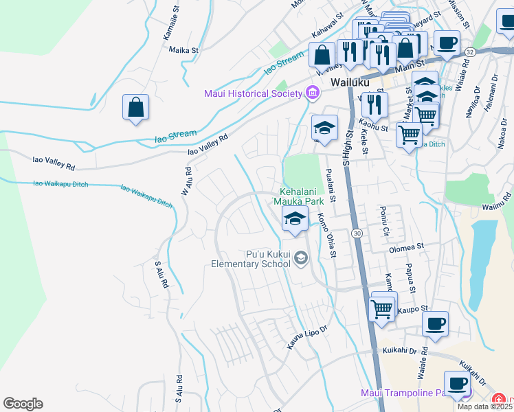 map of restaurants, bars, coffee shops, grocery stores, and more near 237 Pua Kalaunu in Wailuku