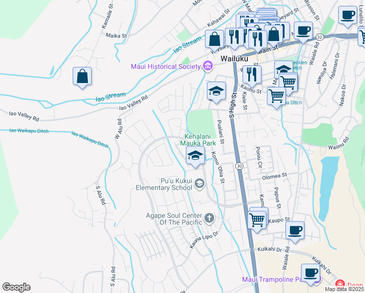 map of restaurants, bars, coffee shops, grocery stores, and more near 211 Hooulu Lane in Wailuku