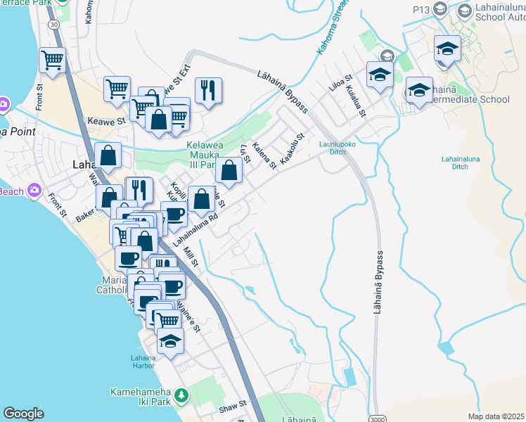 map of restaurants, bars, coffee shops, grocery stores, and more near 487 Dickenson Street in Lahaina