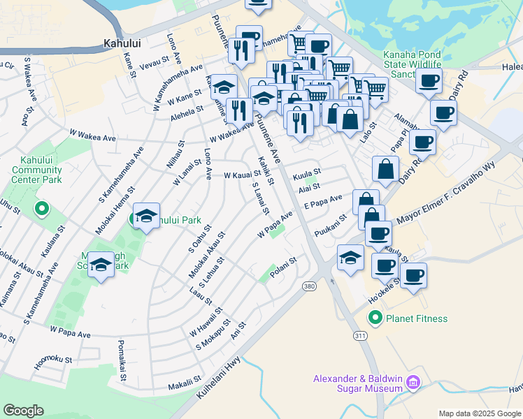 map of restaurants, bars, coffee shops, grocery stores, and more near 66 South Lehua Street in Kahului