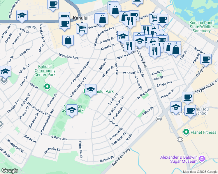 map of restaurants, bars, coffee shops, grocery stores, and more near 430 Lono Avenue in Kahului