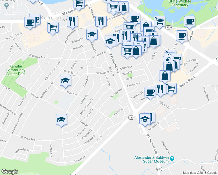 map of restaurants, bars, coffee shops, grocery stores, and more near 66 South Lehua Street in Kahului
