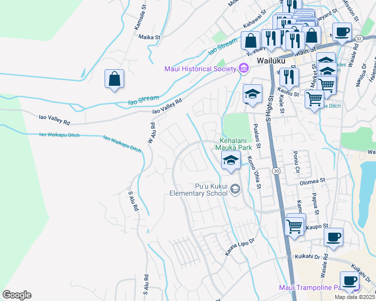map of restaurants, bars, coffee shops, grocery stores, and more near 26 la iki street in Wailuku