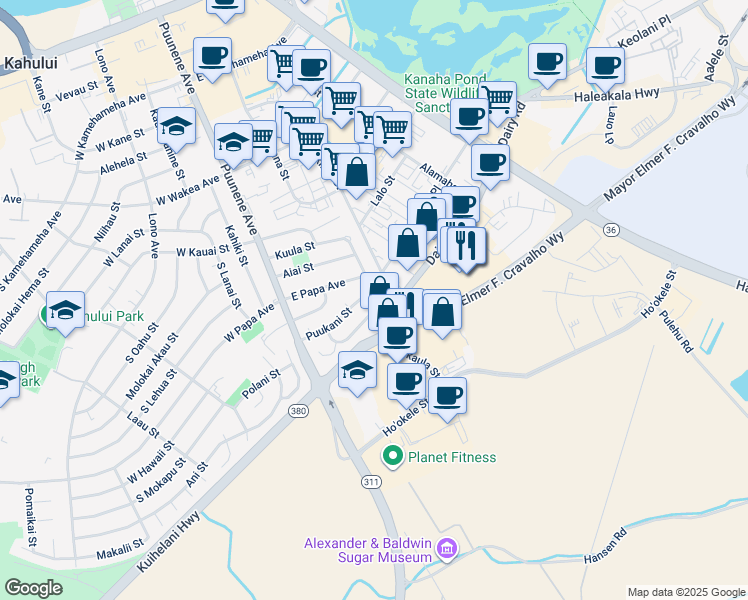 map of restaurants, bars, coffee shops, grocery stores, and more near 144 Puukani Street in Kahului