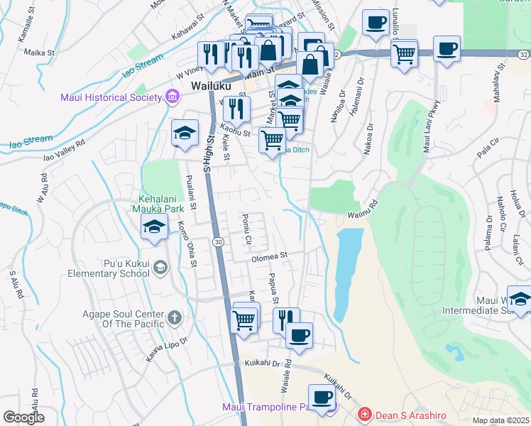map of restaurants, bars, coffee shops, grocery stores, and more near 135 Poniu Circle in Wailuku
