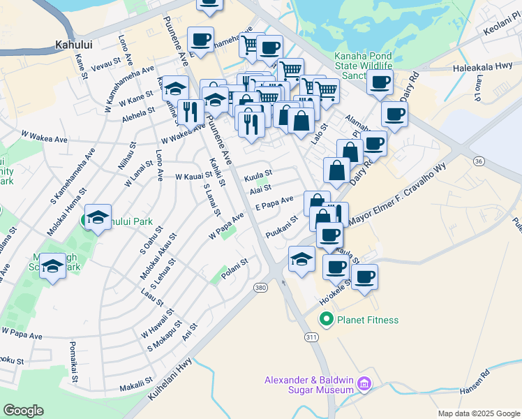 map of restaurants, bars, coffee shops, grocery stores, and more near 24 East Papa Avenue in Kahului