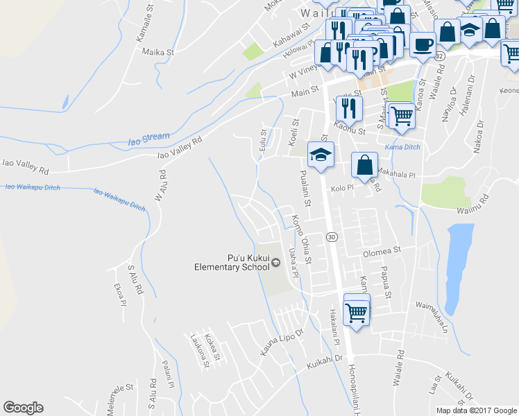 map of restaurants, bars, coffee shops, grocery stores, and more near 216 Hooulu Lane in Wailuku