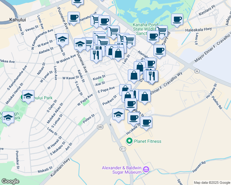 map of restaurants, bars, coffee shops, grocery stores, and more near 60 Leipapa Place in Kahului