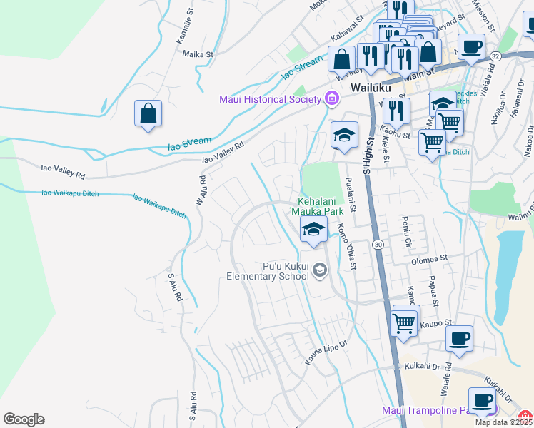map of restaurants, bars, coffee shops, grocery stores, and more near 117 Lili Lehua Street in Wailuku