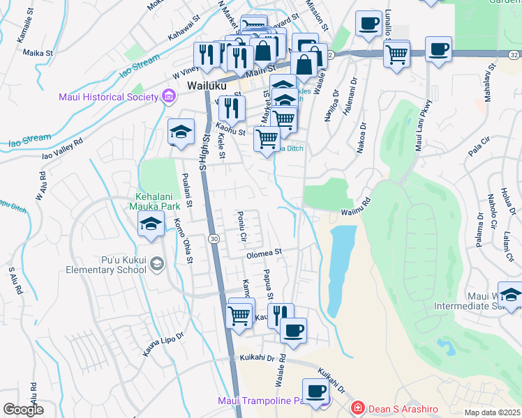 map of restaurants, bars, coffee shops, grocery stores, and more near 135 Poniu Circle in Wailuku