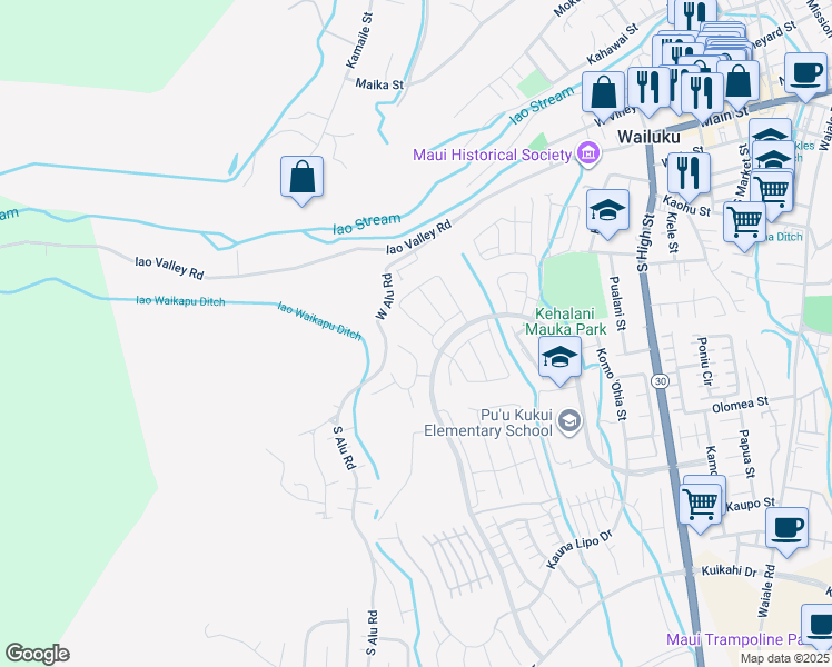 map of restaurants, bars, coffee shops, grocery stores, and more near 244 Kili'o'opu Street in Wailuku