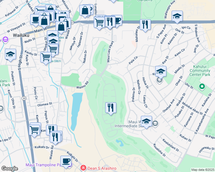 map of restaurants, bars, coffee shops, grocery stores, and more near 10 Kamalei Circle in Kahului