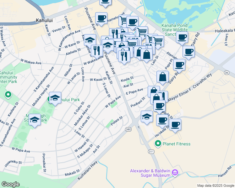 map of restaurants, bars, coffee shops, grocery stores, and more near 439 Kahiki Street in Kahului