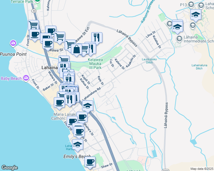 map of restaurants, bars, coffee shops, grocery stores, and more near 446 Lahainaluna Road in Lahaina