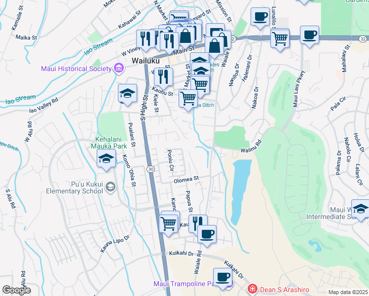 map of restaurants, bars, coffee shops, grocery stores, and more near 135 Poniu Circle in Wailuku