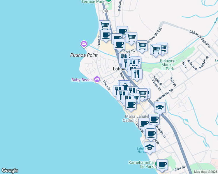 map of restaurants, bars, coffee shops, grocery stores, and more near 1057 Front Street in Lahaina
