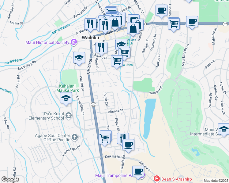 map of restaurants, bars, coffee shops, grocery stores, and more near 135 Poniu Circle in Wailuku