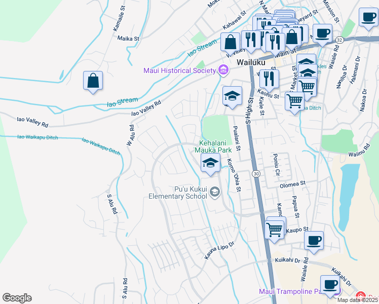 map of restaurants, bars, coffee shops, grocery stores, and more near 91 Ka ʻIkena Loop in Wailuku