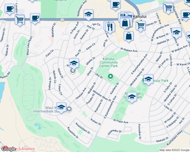 map of restaurants, bars, coffee shops, grocery stores, and more near 549 Onehee Avenue in Kahului