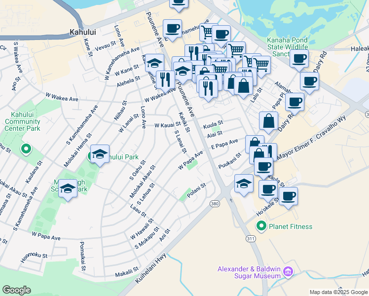 map of restaurants, bars, coffee shops, grocery stores, and more near 425 South Lanai Street in Kahului