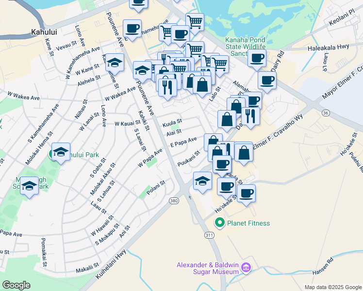 map of restaurants, bars, coffee shops, grocery stores, and more near 46 East Papa Avenue in Kahului