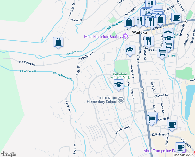 map of restaurants, bars, coffee shops, grocery stores, and more near 22 la iki street in Wailuku