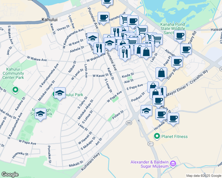 map of restaurants, bars, coffee shops, grocery stores, and more near 425 South Lanai Street in Kahului