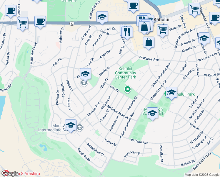 map of restaurants, bars, coffee shops, grocery stores, and more near 549 Onehee Avenue in Kahului