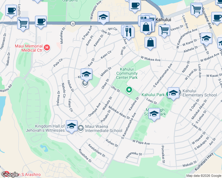 map of restaurants, bars, coffee shops, grocery stores, and more near 549 Onehee Avenue in Kahului