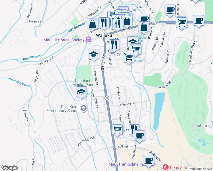 map of restaurants, bars, coffee shops, grocery stores, and more near 520 Akolea Place in Wailuku