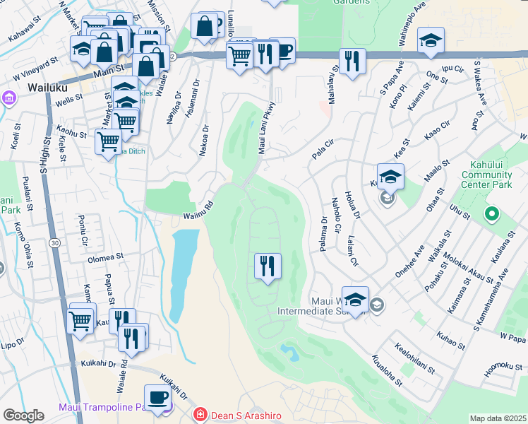 map of restaurants, bars, coffee shops, grocery stores, and more near 16 Kamalei Circle in Kahului