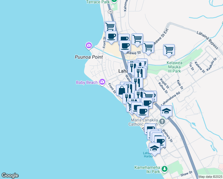 map of restaurants, bars, coffee shops, grocery stores, and more near Front Street in Lahaina