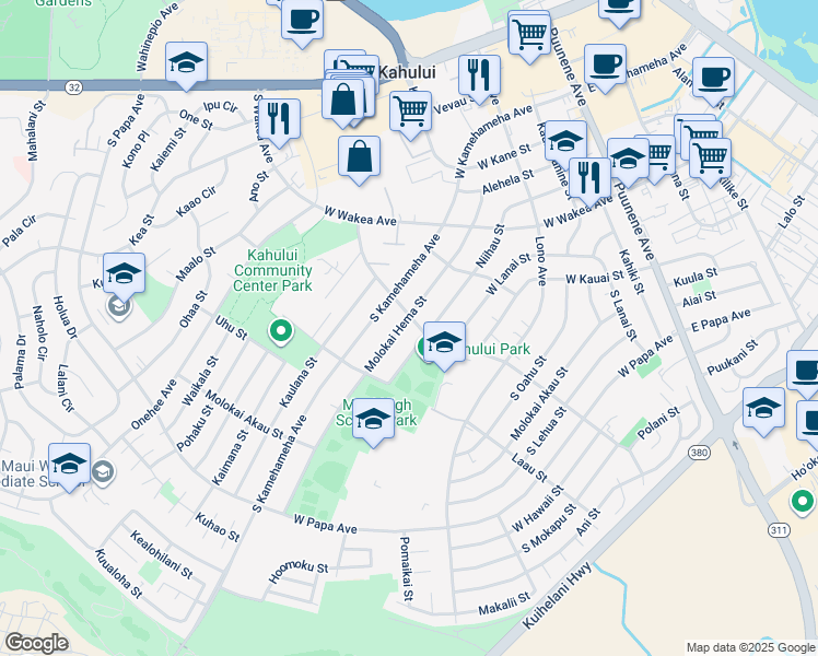 map of restaurants, bars, coffee shops, grocery stores, and more near 310 Hina Avenue in Kahului