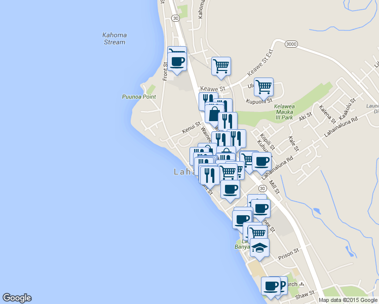 map of restaurants, bars, coffee shops, grocery stores, and more near 1022 Front Street in Lahaina