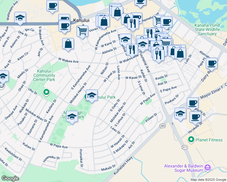 map of restaurants, bars, coffee shops, grocery stores, and more near 418 Lono Avenue in Kahului