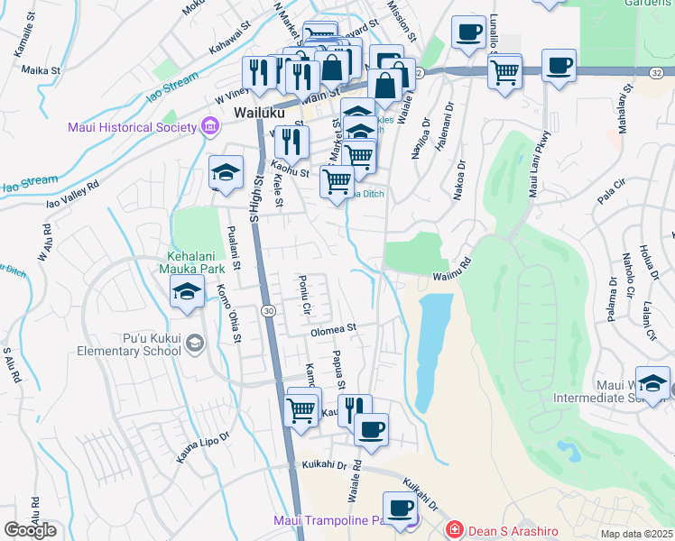 map of restaurants, bars, coffee shops, grocery stores, and more near 540 Halemalu Place in Wailuku