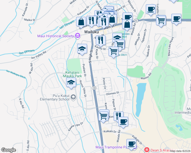 map of restaurants, bars, coffee shops, grocery stores, and more near 520 Akolea Place in Wailuku