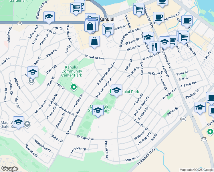 map of restaurants, bars, coffee shops, grocery stores, and more near 310 Hina Avenue in Kahului