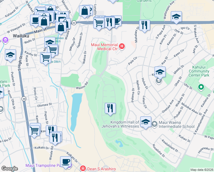 map of restaurants, bars, coffee shops, grocery stores, and more near 16 Kamalei Circle in Kahului