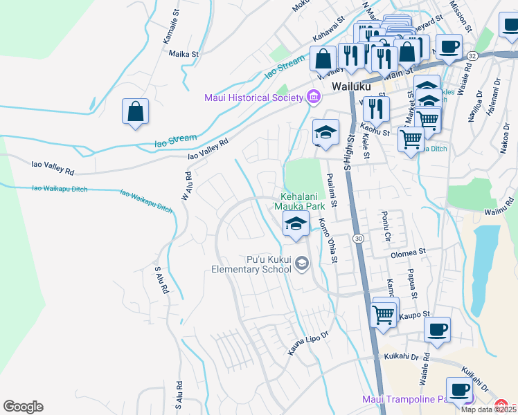 map of restaurants, bars, coffee shops, grocery stores, and more near 70 la iki street in Wailuku